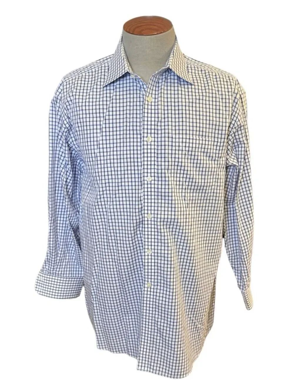 Charles Tyrwhitt Non-Iron Button Front Dress Shirt 17/35 Blue White Check